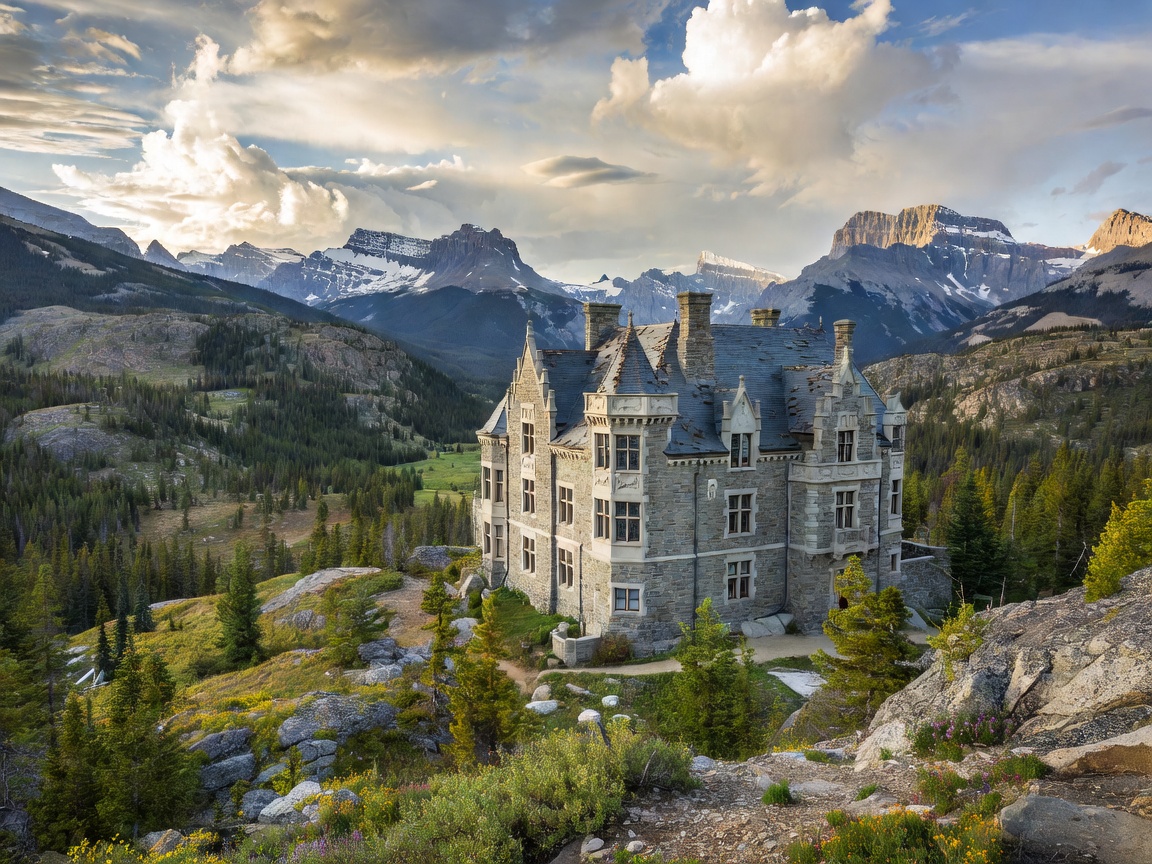 A grand historic chateau surrounded by the rugged landscapes of Alberta