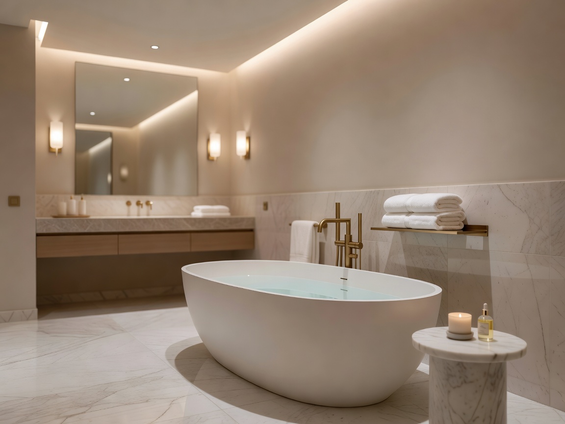 An elegant boutique hotel bathroom with a freestanding tub and soft ambient lighting