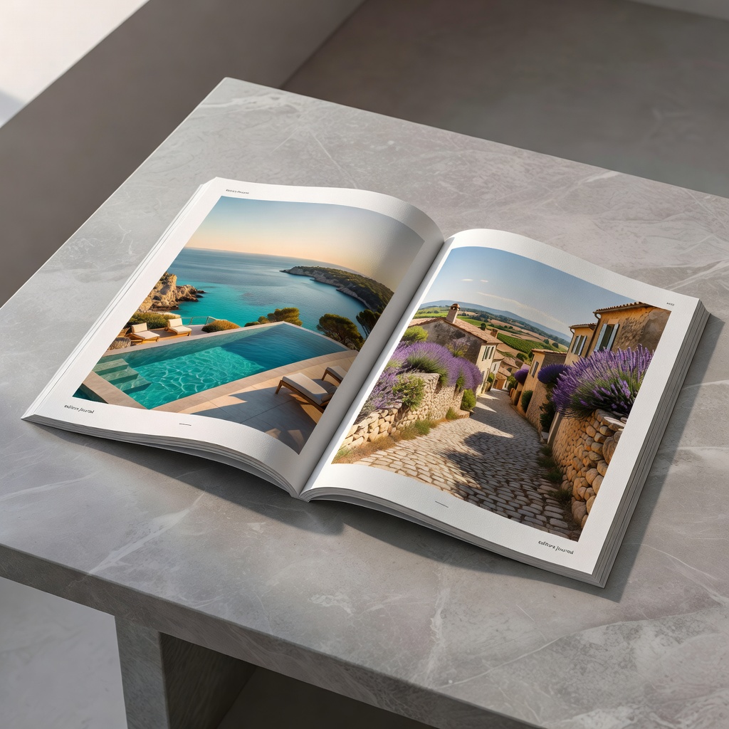 A sophisticated boutique travel magazine resting on a minimalist stone table
