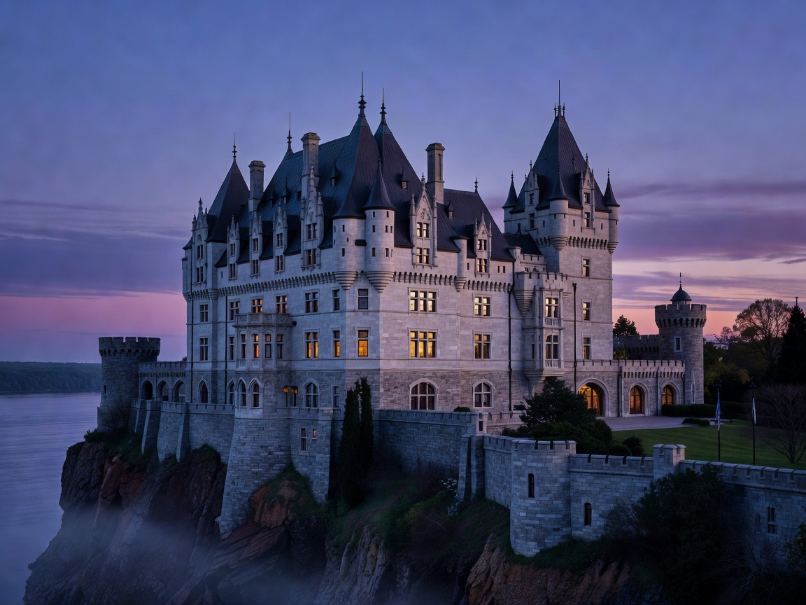 The majestic historic castle architecture of Fairmont Le Manoir Richelieu at twilight