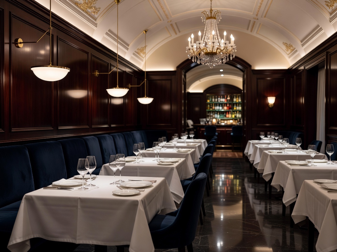 The elegant, softly lit interior of a luxury fine dining restaurant