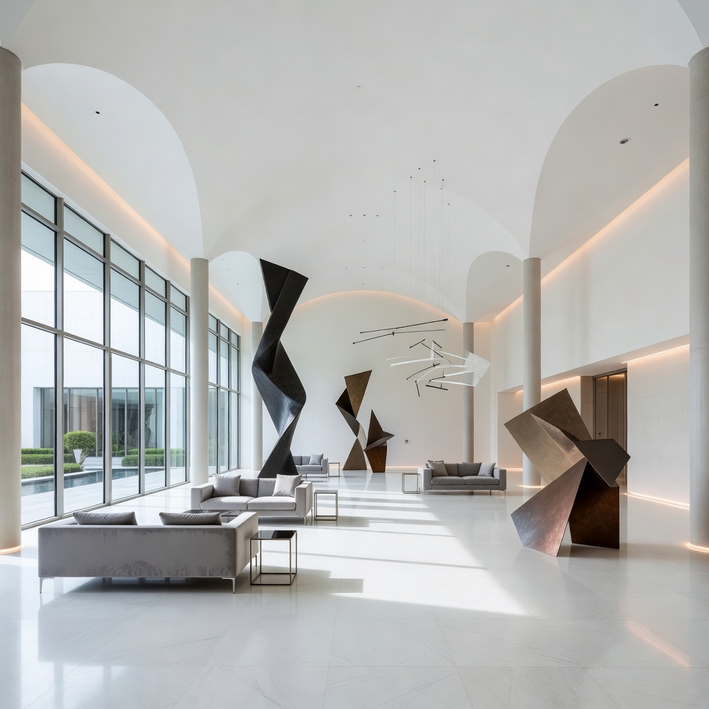 A grand hotel lobby styled like a modern art gallery with ample whitespace and sculptures