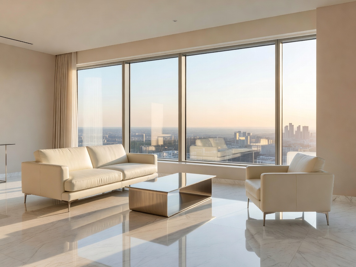 A bright, luxurious hotel suite featuring a panoramic window view and minimalist furniture